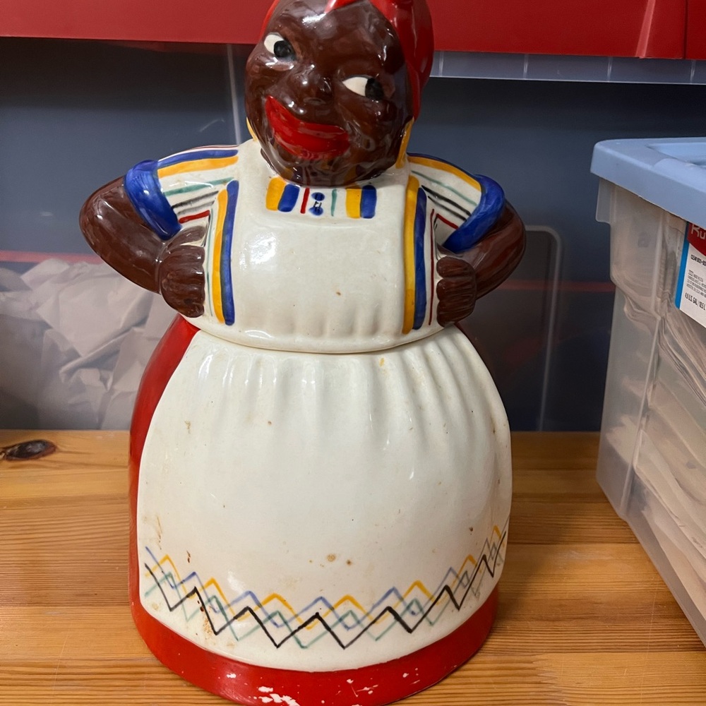 Vintage Brayton Laguna Ceramic Cookie Jar with Red and White Accents